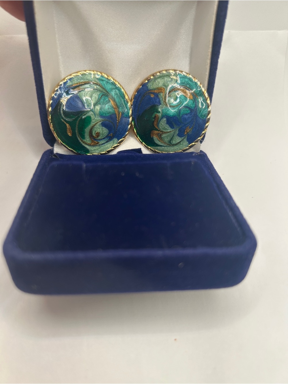 Gold-Trim Green & Blue Enamel Dome Round Earrings - Women Jewelry - Picture 9 of 9